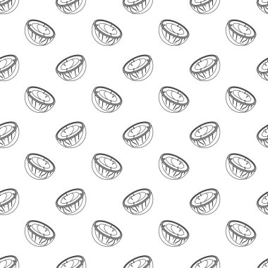 Beyaz arka planda hindistan cevizi ana hatları pürüzsüz. Paket kağıdı, hediye kartı, poster, afiş tasarımı. Ev dekorasyonu, modern tekstil baskısı. Yazın parlak geometrik meyveler desenli.