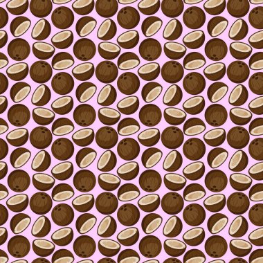 Pembe arka planda hindistan cevizi düz, pürüzsüz desen. Paket kağıdı, hediye kartı, poster, afiş tasarımı. Ev dekorasyonu, modern tekstil baskısı. Yazın parlak geometrik meyveler desenli.