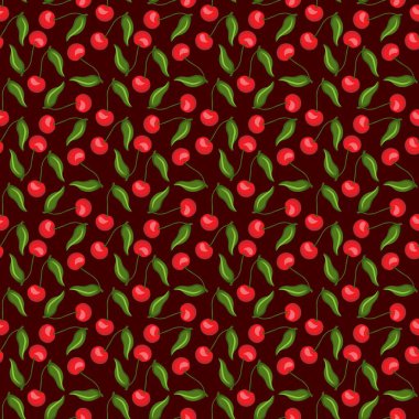 Kırmızı arka planda kirazlı, düz, dikişsiz desen. Paket kağıdı, hediye kartı, poster, afiş tasarımı. Ev dekorasyonu, modern tekstil baskısı. Yazın parlak geometrik meyveler desenli.
