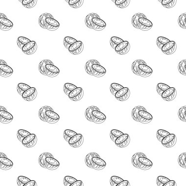 Beyaz arka planda hindistan cevizi ana hatları pürüzsüz. Paket kağıdı, hediye kartı, poster, afiş tasarımı. Ev dekorasyonu, modern tekstil baskısı. Yazın parlak geometrik meyveler desenli.