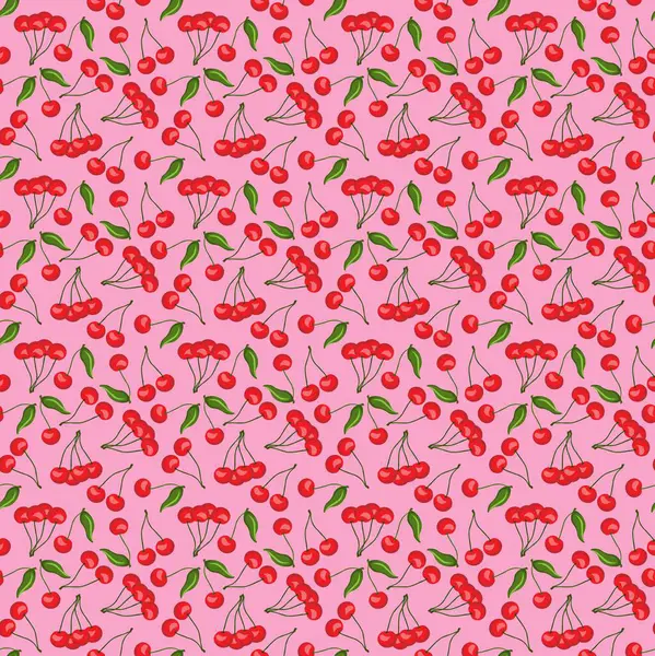Pembe arka planda kirazlı, düz, pürüzsüz desen. Paket kağıdı, hediye kartı, poster, afiş tasarımı. Ev dekorasyonu, modern tekstil baskısı. Yazın parlak geometrik meyveler desenli.