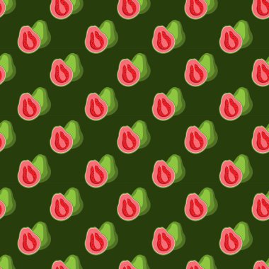 Yeşil arka planda, Guava düz, pürüzsüz desen. Paket kağıdı, hediye kartı, poster, afiş tasarımı. Ev dekorasyonu, modern tekstil baskısı. Yazın parlak geometrik meyveler desenli.