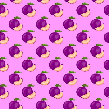 Pembe arka planda erik meyvesi pürüzsüz desen. Paket kağıdı, hediye kartı, poster, afiş tasarımı. Ev dekorasyonu, modern tekstil baskısı. Yazın parlak geometrik meyveler desenli.