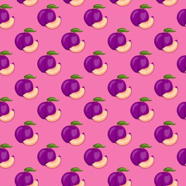 Pembe arka planda erik meyvesi pürüzsüz desen. Paket kağıdı, hediye kartı, poster, afiş tasarımı. Ev dekorasyonu, modern tekstil baskısı. Yazın parlak geometrik meyveler desenli.