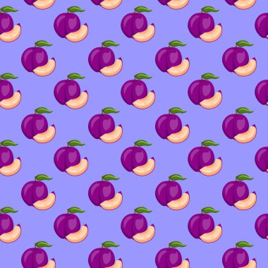 Mavi arka planda erik meyvesi düz, dikişsiz desen. Paket kağıdı, hediye kartı, poster, afiş tasarımı. Ev dekorasyonu, modern tekstil baskısı. Yazın parlak geometrik meyveler desenli.