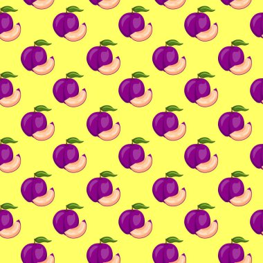 Sarı arka planda erik meyvesi düz, dikişsiz desen. Paket kağıdı, hediye kartı, poster, afiş tasarımı. Ev dekorasyonu, modern tekstil baskısı. Yazın parlak geometrik meyveler desenli.