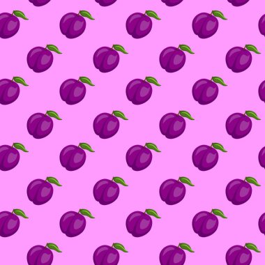 Pembe arka planda erik meyvesi pürüzsüz desen. Paket kağıdı, hediye kartı, poster, afiş tasarımı. Ev dekorasyonu, modern tekstil baskısı. Yazın parlak geometrik meyveler desenli.