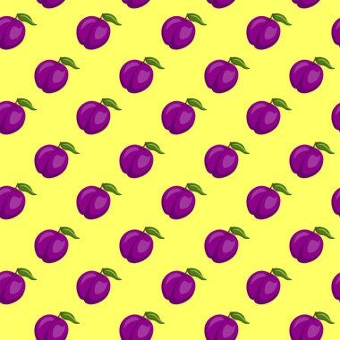 Sarı arka planda erik meyvesi düz, dikişsiz desen. Paket kağıdı, hediye kartı, poster, afiş tasarımı. Ev dekorasyonu, modern tekstil baskısı. Yazın parlak geometrik meyveler desenli.