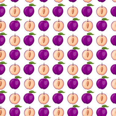 Beyaz arka planda erik meyvesi düz, dikişsiz desen. Paket kağıdı, hediye kartı, poster, afiş tasarımı. Ev dekorasyonu, modern tekstil baskısı. Yazın parlak geometrik meyveler desenli.