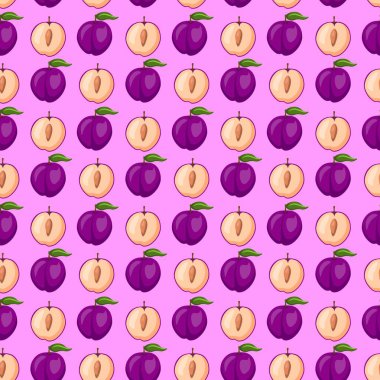 Mor arka planda erik meyvesi düz, dikişsiz desen. Paket kağıdı, hediye kartı, poster, afiş tasarımı. Ev dekorasyonu, modern tekstil baskısı. Yazın parlak geometrik meyveler desenli.