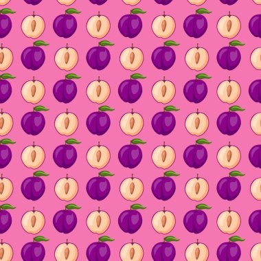 Pembe arka planda erik meyvesi pürüzsüz desen. Paket kağıdı, hediye kartı, poster, afiş tasarımı. Ev dekorasyonu, modern tekstil baskısı. Yazın parlak geometrik meyveler desenli.