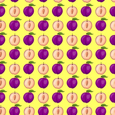 Sarı arka planda erik meyvesi düz, dikişsiz desen. Paket kağıdı, hediye kartı, poster, afiş tasarımı. Ev dekorasyonu, modern tekstil baskısı. Yazın parlak geometrik meyveler desenli.