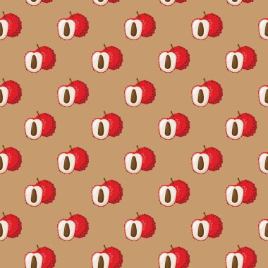 Kahverengi arka planda liçi meyvesi düz, dikişsiz desen. Paket kağıdı, hediye kartı, poster, afiş tasarımı. Ev dekorasyonu, modern tekstil baskısı. Yazın parlak geometrik meyveler desenli.