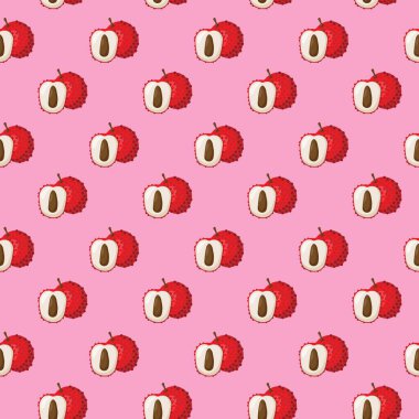 Pembe arka planda liçi meyvesi düz, pürüzsüz desen. Paket kağıdı, hediye kartı, poster, afiş tasarımı. Ev dekorasyonu, modern tekstil baskısı. Yazın parlak geometrik meyveler desenli.