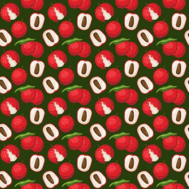 Lychee meyvesi, yeşil arka planda pürüzsüz desen. Paket kağıdı, hediye kartı, poster, afiş tasarımı. Ev dekorasyonu, modern tekstil baskısı. Yazın parlak geometrik meyveler desenli.