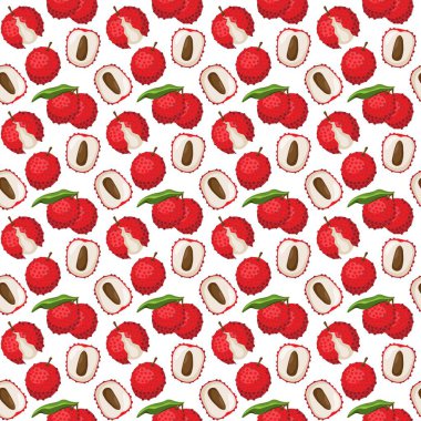 Lychee meyvesi bembeyaz arka planda pürüzsüz desen. Paket kağıdı, hediye kartı, poster, afiş tasarımı. Ev dekorasyonu, modern tekstil baskısı. Yazın parlak geometrik meyveler desenli.