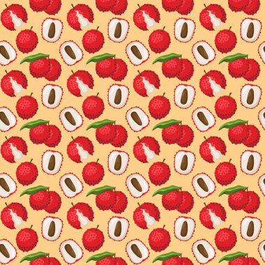 Turuncu arka planda liçi meyvesi düz, dikişsiz desen. Paket kağıdı, hediye kartı, poster, afiş tasarımı. Ev dekorasyonu, modern tekstil baskısı. Yazın parlak geometrik meyveler desenli.