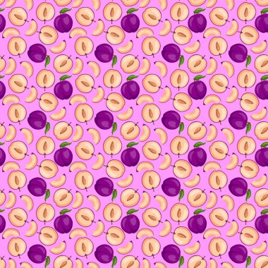 Mor arka planda erik meyvesi düz, dikişsiz desen. Paket kağıdı, hediye kartı, poster, afiş tasarımı. Ev dekorasyonu, modern tekstil baskısı. Yazın parlak geometrik meyveler desenli.