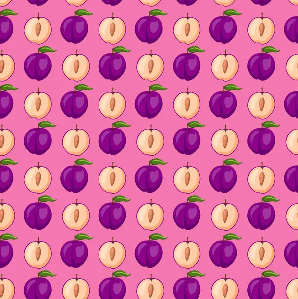 Pembe arka planda erik meyvesi pürüzsüz desen. Paket kağıdı, hediye kartı, poster, afiş tasarımı. Ev dekorasyonu, modern tekstil baskısı. Yazın parlak geometrik meyveler desenli.