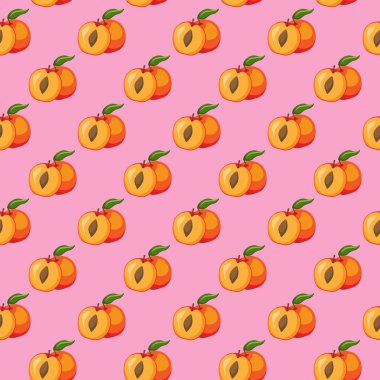 Pembe arka planda kayısı meyvesi pürüzsüz desen. Paket kağıdı, hediye kartı, poster, afiş tasarımı. Ev dekorasyonu, modern tekstil baskısı. Yazın parlak geometrik meyveler desenli.