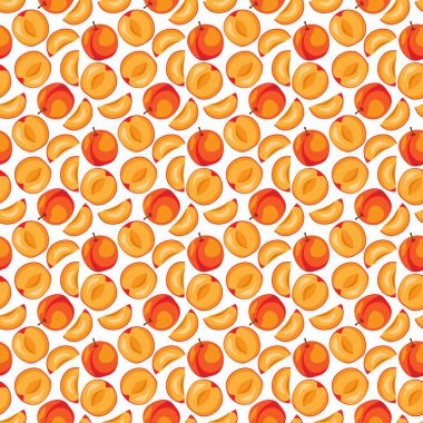 Beyaz arka planda kayısı meyvesi düz, dikişsiz desen. Paket kağıdı, hediye kartı, poster, afiş tasarımı. Ev dekorasyonu, modern tekstil baskısı. Yazın parlak geometrik meyveler desenli.