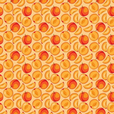 Turuncu arka planda kayısı meyvesi düz, dikişsiz desen. Paket kağıdı, hediye kartı, poster, afiş tasarımı. Ev dekorasyonu, modern tekstil baskısı. Yazın parlak geometrik meyveler desenli.