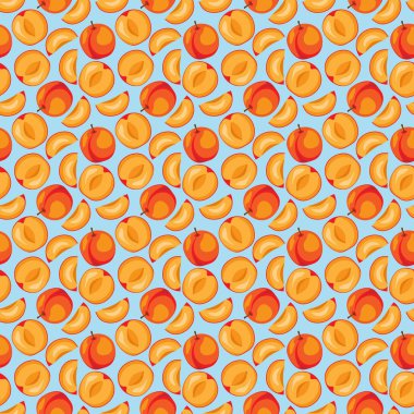 Mavi arkaplanda kayısı meyvesi düzlüğü var. Paket kağıdı, hediye kartı, poster, afiş tasarımı. Ev dekorasyonu, modern tekstil baskısı. Yazın parlak geometrik meyveler desenli.