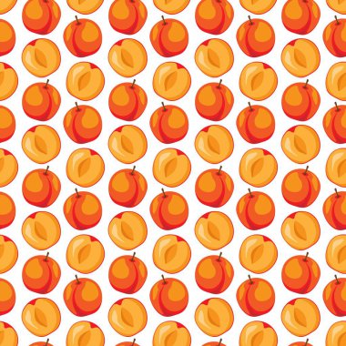 Beyaz arka planda kayısı meyvesi düz, dikişsiz desen. Paket kağıdı, hediye kartı, poster, afiş tasarımı. Ev dekorasyonu, modern tekstil baskısı. Yazın parlak geometrik meyveler desenli.