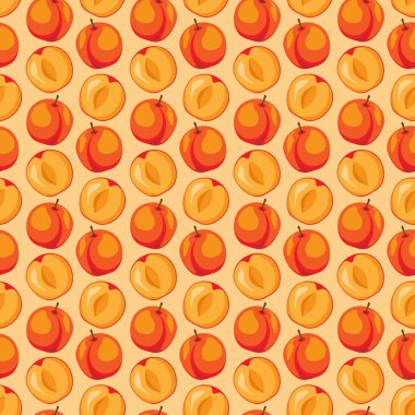 Turuncu arka planda kayısı meyvesi düz, dikişsiz desen. Paket kağıdı, hediye kartı, poster, afiş tasarımı. Ev dekorasyonu, modern tekstil baskısı. Yazın parlak geometrik meyveler desenli.