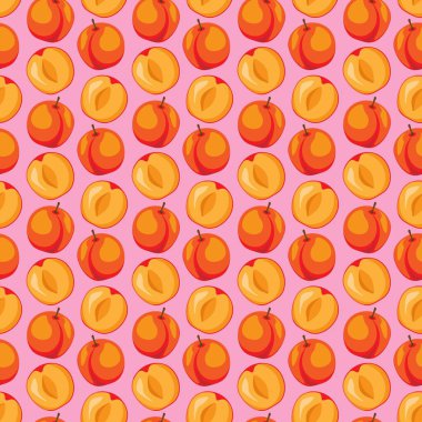 Pembe arka planda kayısı meyvesi pürüzsüz desen. Paket kağıdı, hediye kartı, poster, afiş tasarımı. Ev dekorasyonu, modern tekstil baskısı. Yazın parlak geometrik meyveler desenli.
