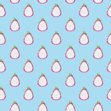 Mavi arka planda ejderha meyvesi pürüzsüz desen. Paket kağıdı, hediye kartı, poster, afiş tasarımı. Ev dekorasyonu, modern tekstil baskısı. Yazın parlak geometrik meyveler desenli.