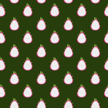 Yeşil arka planda ejderha meyvesi pürüzsüz desen. Paket kağıdı, hediye kartı, poster, afiş tasarımı. Ev dekorasyonu, modern tekstil baskısı. Yazın parlak geometrik meyveler desenli.