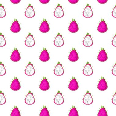 Beyaz arka planda ejderha meyvesi pürüzsüz desen. Paket kağıdı, hediye kartı, poster, afiş tasarımı. Ev dekorasyonu, modern tekstil baskısı. Yazın parlak geometrik meyveler desenli.