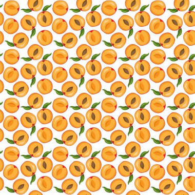 Beyaz arka planda kayısı meyvesi düz, dikişsiz desen. Paket kağıdı, hediye kartı, poster, afiş tasarımı. Ev dekorasyonu, modern tekstil baskısı. Yazın parlak geometrik meyveler desenli.