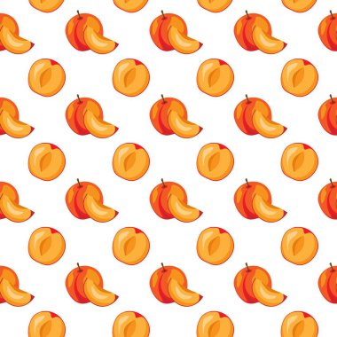 Beyaz arka planda kayısı meyvesi düz, dikişsiz desen. Paket kağıdı, hediye kartı, poster, afiş tasarımı. Ev dekorasyonu, modern tekstil baskısı. Yazın parlak geometrik meyveler desenli.