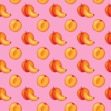 Pembe arka planda kayısı meyvesi pürüzsüz desen. Paket kağıdı, hediye kartı, poster, afiş tasarımı. Ev dekorasyonu, modern tekstil baskısı. Yazın parlak geometrik meyveler desenli.