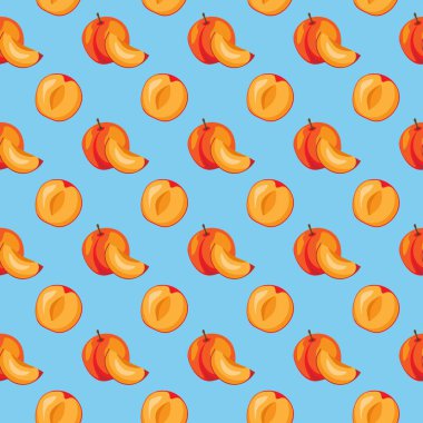 Mavi arkaplanda kayısı meyvesi düzlüğü var. Paket kağıdı, hediye kartı, poster, afiş tasarımı. Ev dekorasyonu, modern tekstil baskısı. Yazın parlak geometrik meyveler desenli.