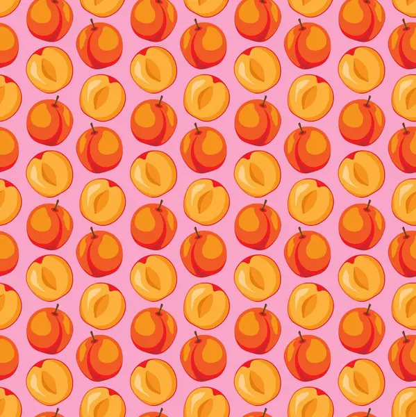Pembe arka planda kayısı meyvesi pürüzsüz desen. Paket kağıdı, hediye kartı, poster, afiş tasarımı. Ev dekorasyonu, modern tekstil baskısı. Yazın parlak geometrik meyveler desenli.