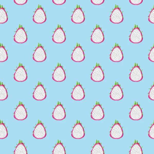 Mavi arka planda ejderha meyvesi pürüzsüz desen. Paket kağıdı, hediye kartı, poster, afiş tasarımı. Ev dekorasyonu, modern tekstil baskısı. Yazın parlak geometrik meyveler desenli.