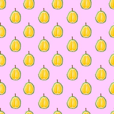 Pembe arka planda Durian meyvesi pürüzsüz desen. Paket kağıdı, hediye kartı, poster, afiş tasarımı. Ev dekorasyonu, modern tekstil baskısı. Yazın parlak geometrik meyveler desenli.
