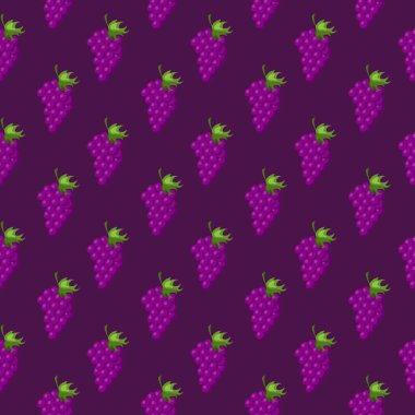 Üzümler düz, koyu mor arka planda dikişsiz. Paket kağıdı, hediye kartı, poster, afiş tasarımı. Ev dekorasyonu, modern tekstil baskısı. Yazın parlak geometrik meyveler desenli.