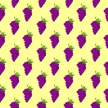 Üzümler düz, sarı arka planda dikişsiz. Paket kağıdı, hediye kartı, poster, afiş tasarımı. Ev dekorasyonu, modern tekstil baskısı. Yazın parlak geometrik meyveler desenli.