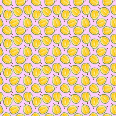 Pembe arka planda Durian meyvesi pürüzsüz desen. Paket kağıdı, hediye kartı, poster, afiş tasarımı. Ev dekorasyonu, modern tekstil baskısı. Yazın parlak geometrik meyveler desenli.