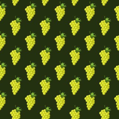 Yeşil arka planda, üzümler düz, dikişsiz desen. Paket kağıdı, hediye kartı, poster, afiş tasarımı. Ev dekorasyonu, modern tekstil baskısı. Yazın parlak geometrik meyveler desenli.