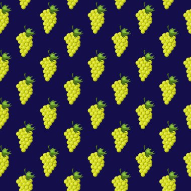 Üzümler, mavi arka planda düz, dikişsiz bir desen. Paket kağıdı, hediye kartı, poster, afiş tasarımı. Ev dekorasyonu, modern tekstil baskısı. Yazın parlak geometrik meyveler desenli.