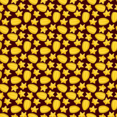 Kahverengi arka planda karambola yıldız meyvesi düz, dikişsiz desen. Paket kağıdı, hediye kartı, poster, afiş tasarımı. Ev dekorasyonu, modern tekstil baskısı. Yazın parlak geometrik meyveler desenli.