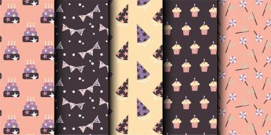 Doğumgünü vektörünün pürüzsüz deseni. Doğum günün kutlu olsun. Doğum günü sembolleri arka planda. Parlak renksiz doğum günü şablonu, pastalar, hediyeler ve parti sembolleri. Modern mor ve pembe tasarım.