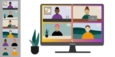 Video konferansı, evden çalışıyor. Farklı milletlerden ve yaşlardan meslektaşlar bilgisayar ekranında birbirleriyle konuşurlar. Düz stil renklerinde beyaz arkaplanda izole illüstrasyon