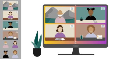 Video konferansı, evden çalışıyor. Farklı milletlerden ve yaşlardan meslektaşlar bilgisayar ekranında birbirleriyle konuşurlar. Düz stil renklerinde beyaz arkaplanda izole illüstrasyon