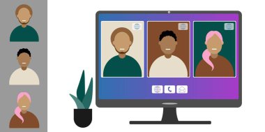 Video konferansı, evden çalışıyor. Farklı milletlerden ve yaşlardan meslektaşlar bilgisayar ekranında birbirleriyle konuşurlar. Düz stil renklerinde beyaz arkaplanda izole illüstrasyon